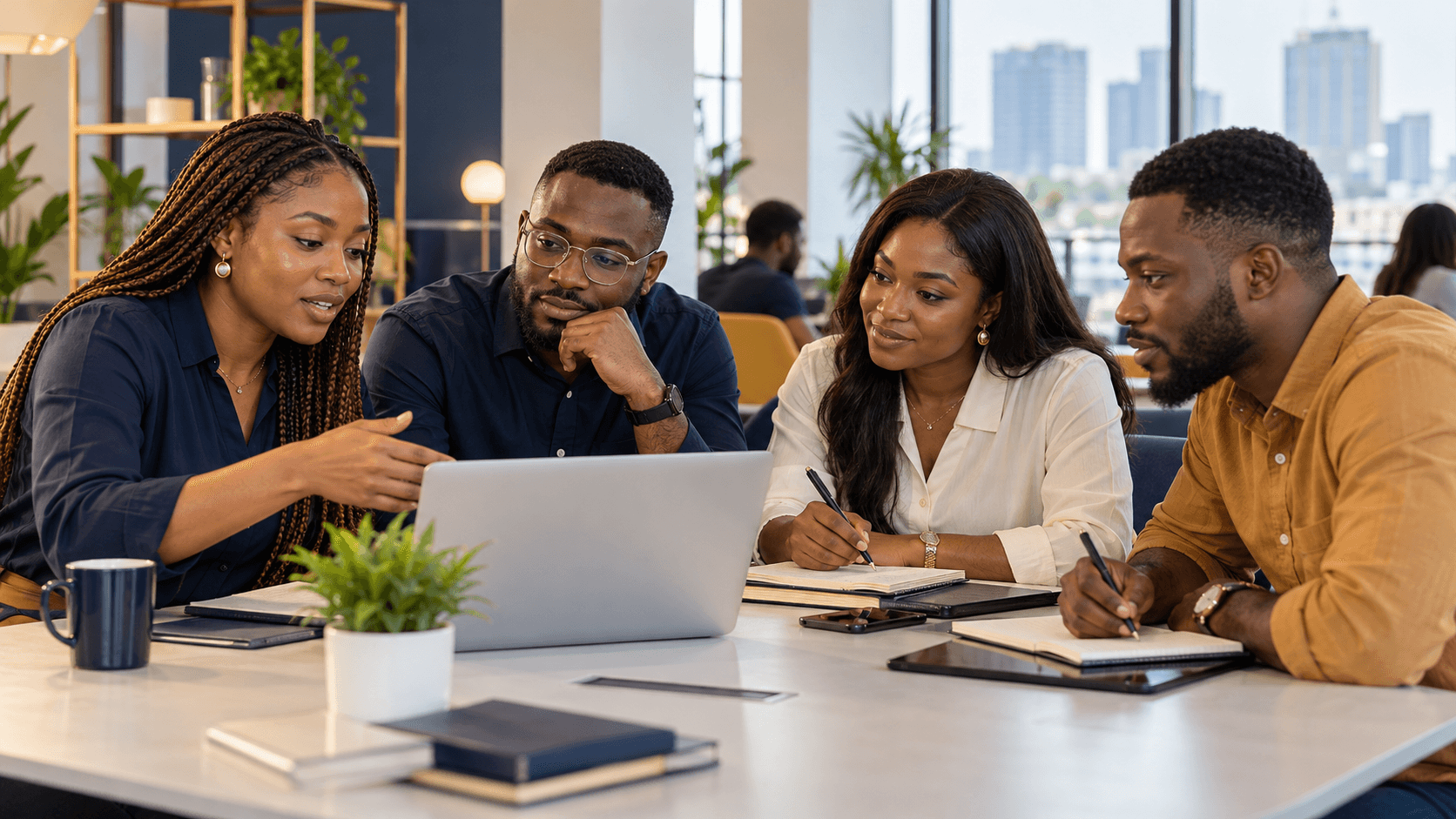 Four learners discuss ideas around a laptop in a bright city workspace.