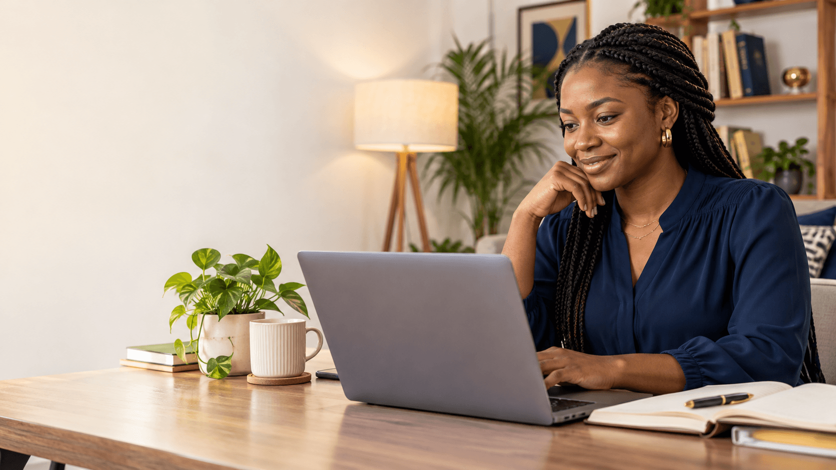 A learner smiling at her laptop while studying at a desk at home.